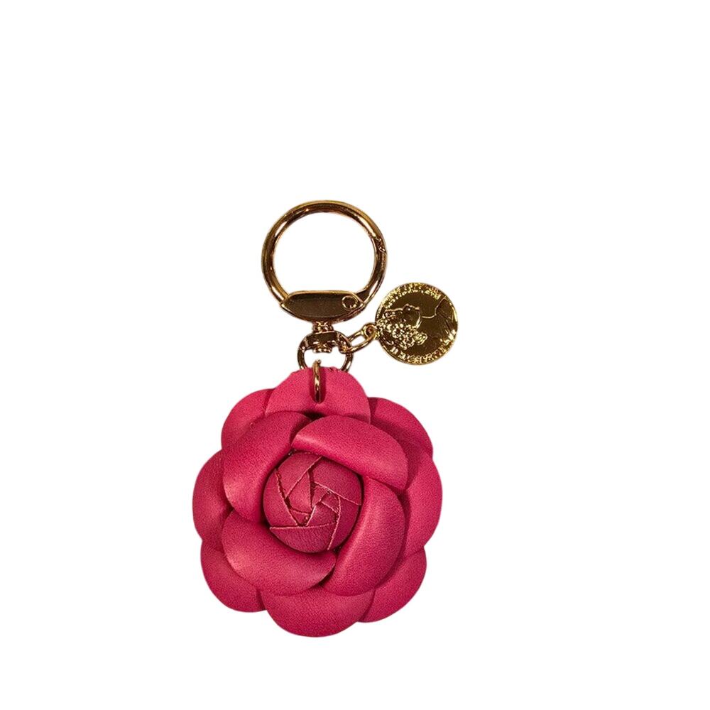 Elegant PU Leather Camellia Flower Keychain Bag Charms Rose Red Gold Hardware